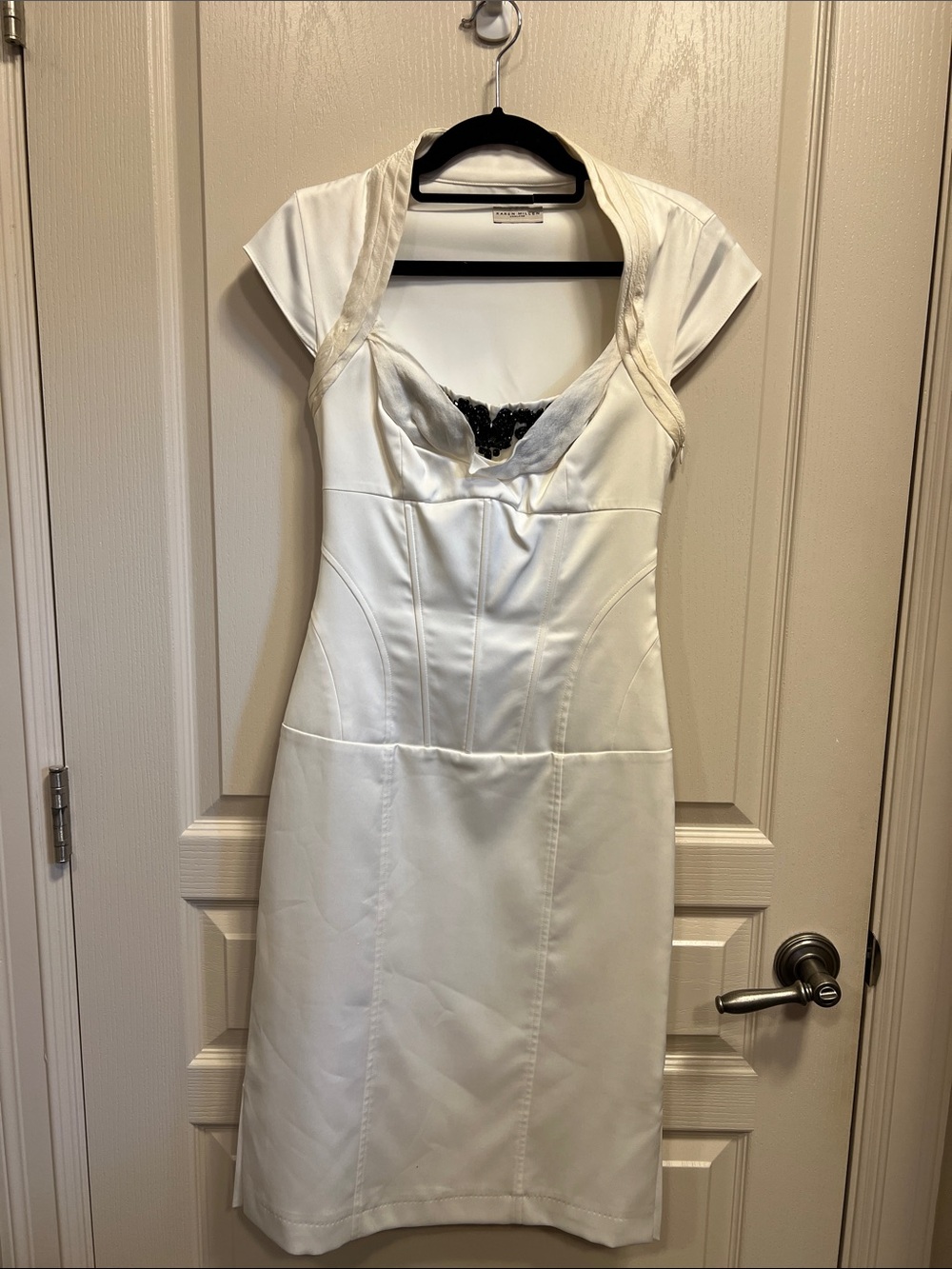 Karen Millen White Cap Sleeve Corset Dress w/ Rhinestone Detail Knee Length